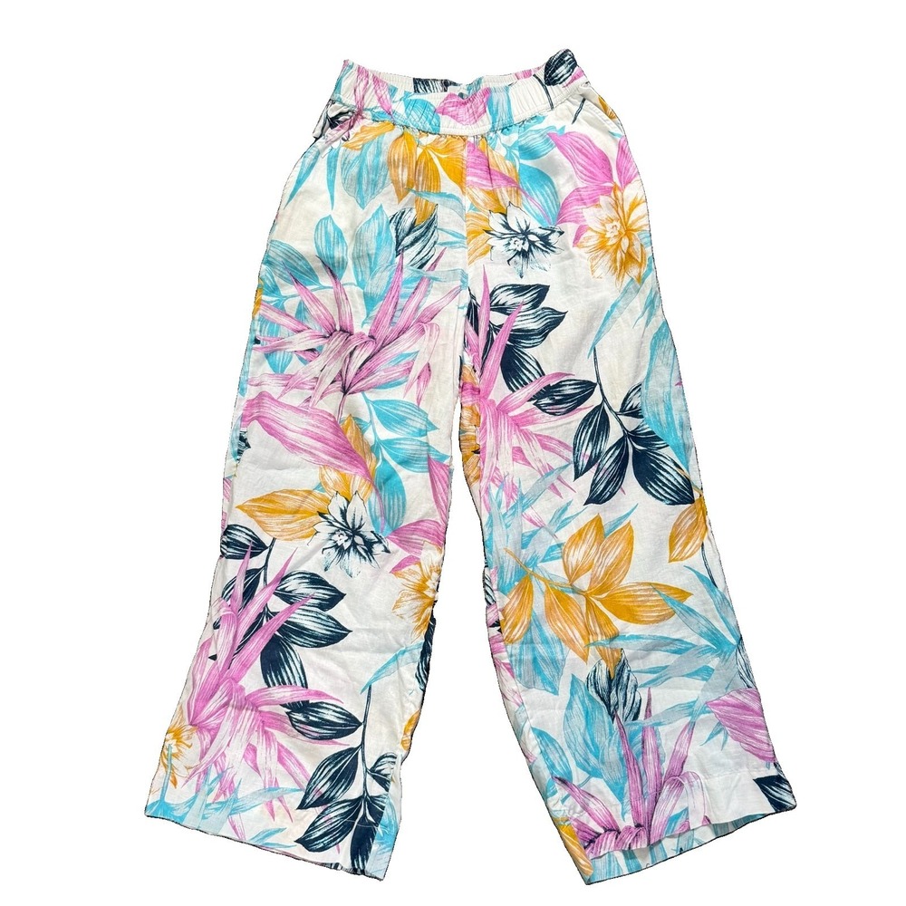 C & C California 100% Linen Tropical Beachy Wide Leg Pants S Pockets Nautical